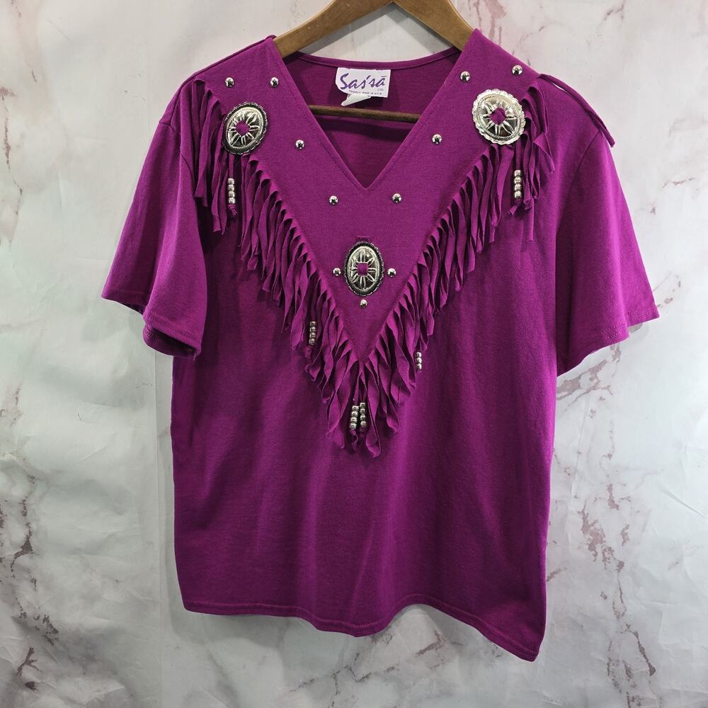 Vintage T Shirt Womens Medium 90s Southwest Tribal Concho Beaded Fringe